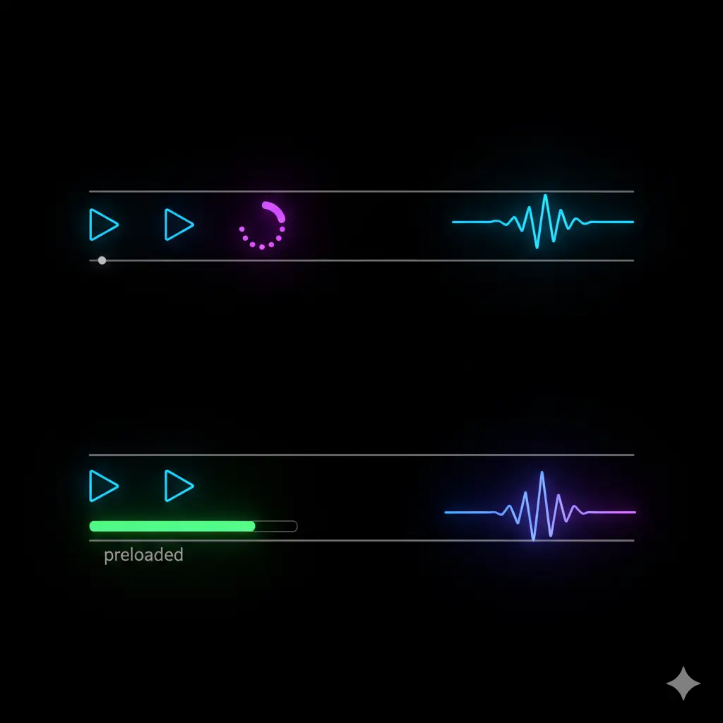 Two audio player interfaces display play buttons, loading indicators, audio waveforms, and a preloading status on a dark background.