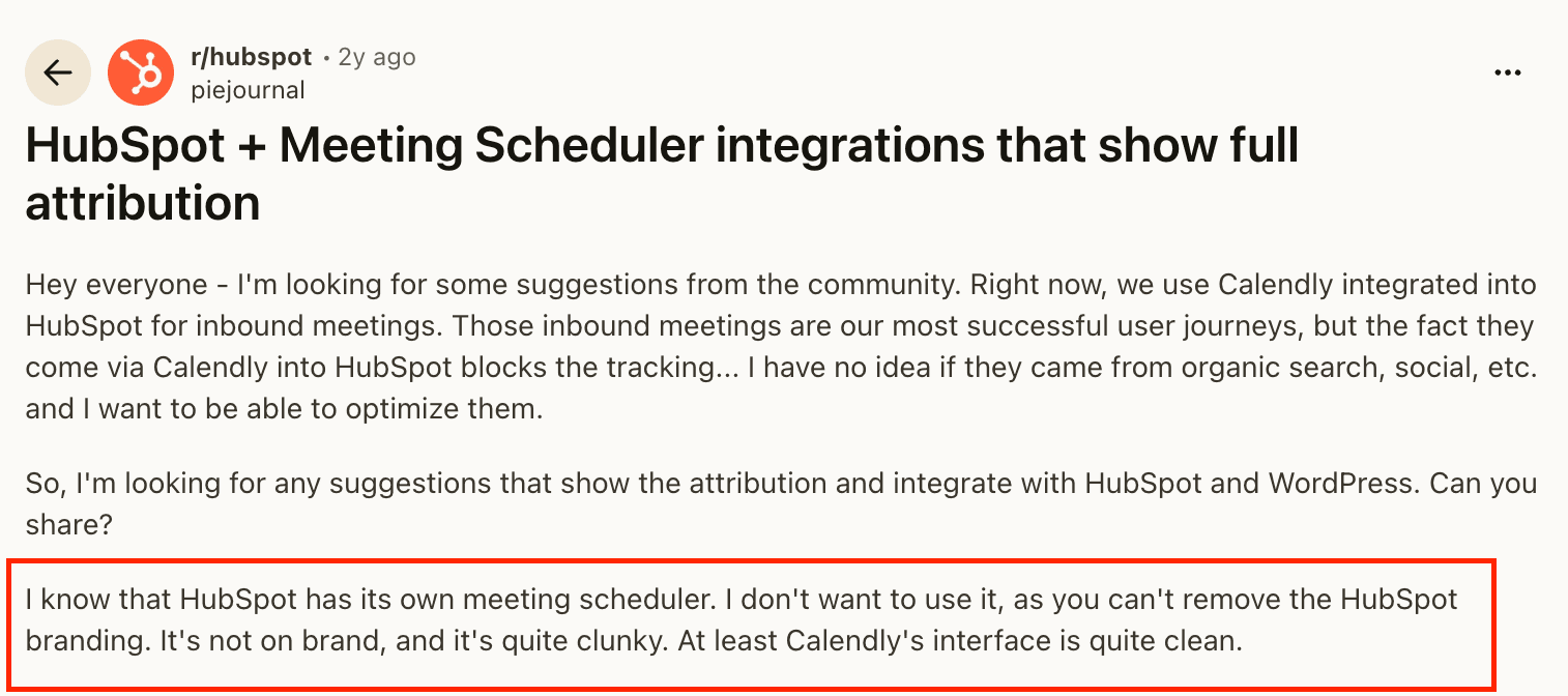 Reddit review mentioning HubSpot Meeting Scheduler feels clunky