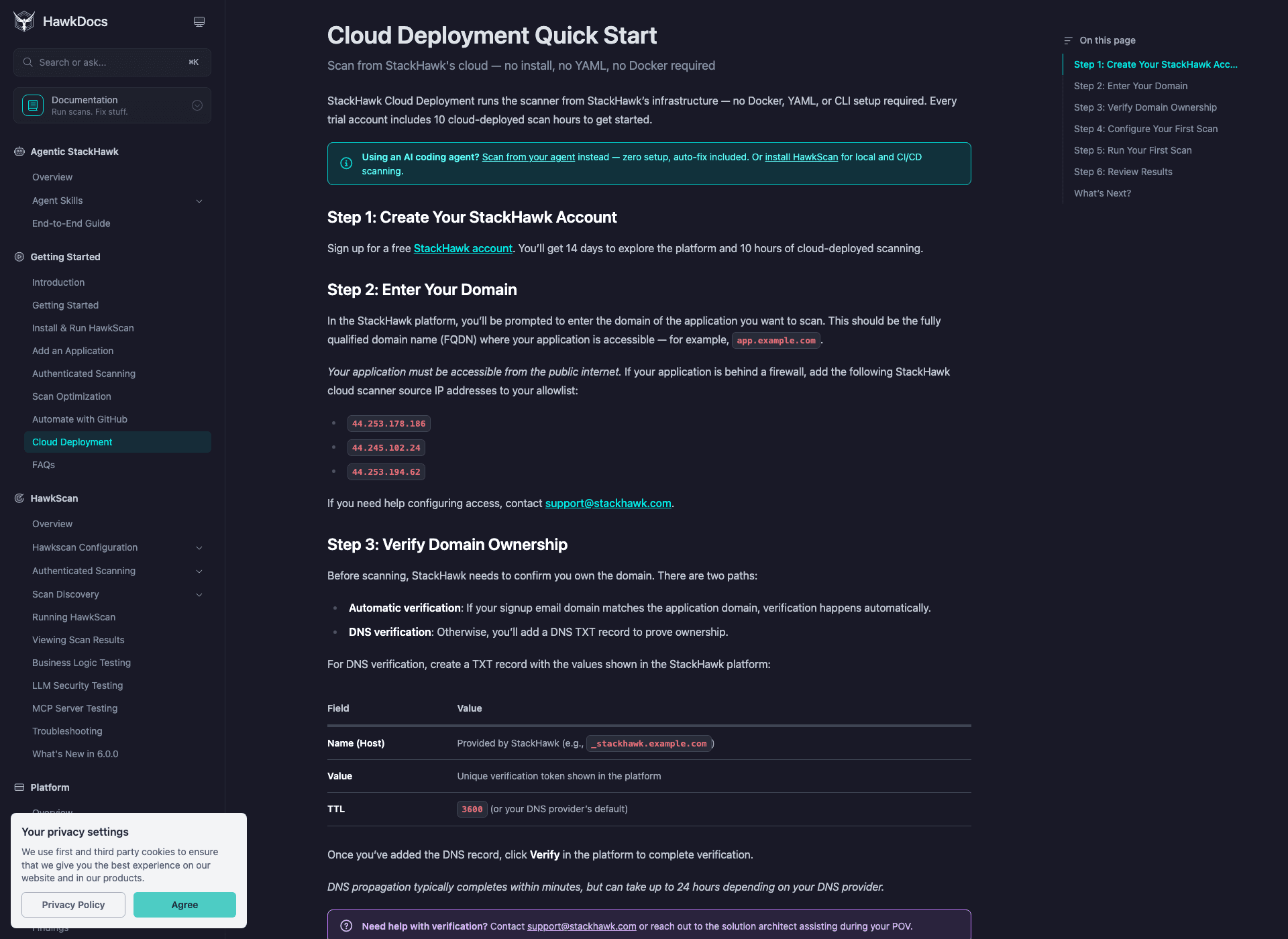 StackHawk cloud deployment documentation showing the 14-day trial, 10 cloud-scan hours, and public-target or allowlisting requirement