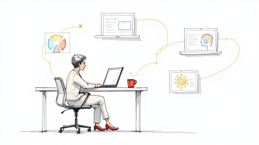 A stylized illustration of an executive assistant working on a laptop, managing various interconnected tasks and data visualizations.