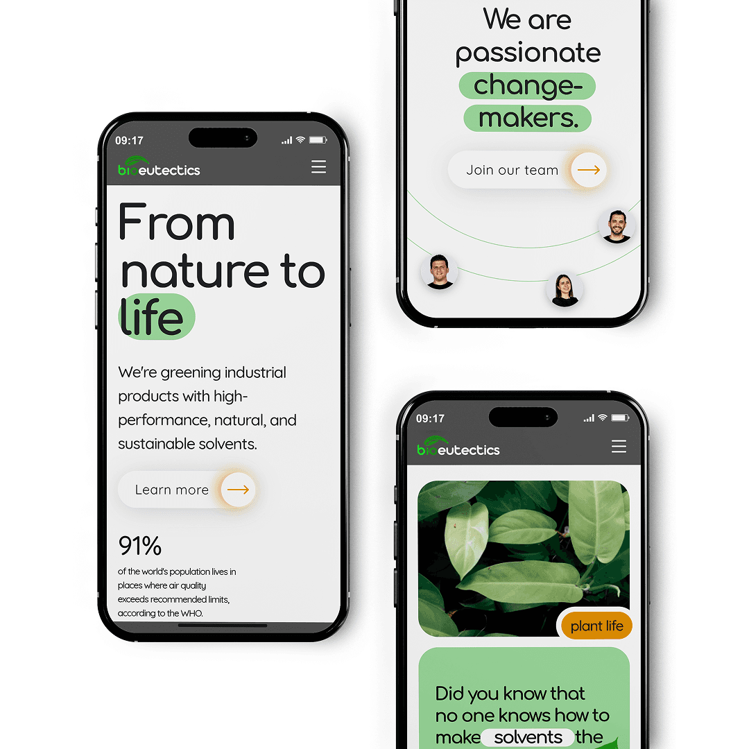 Mobile view of Bioeutectics website promoting plant-based sustainability.
