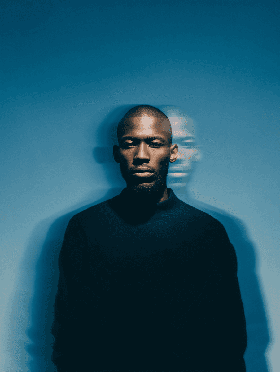 Moody portrait of a man facing forward against a blue background, with a blurred duplicate of his profile behind him creating a double-exposure effect.