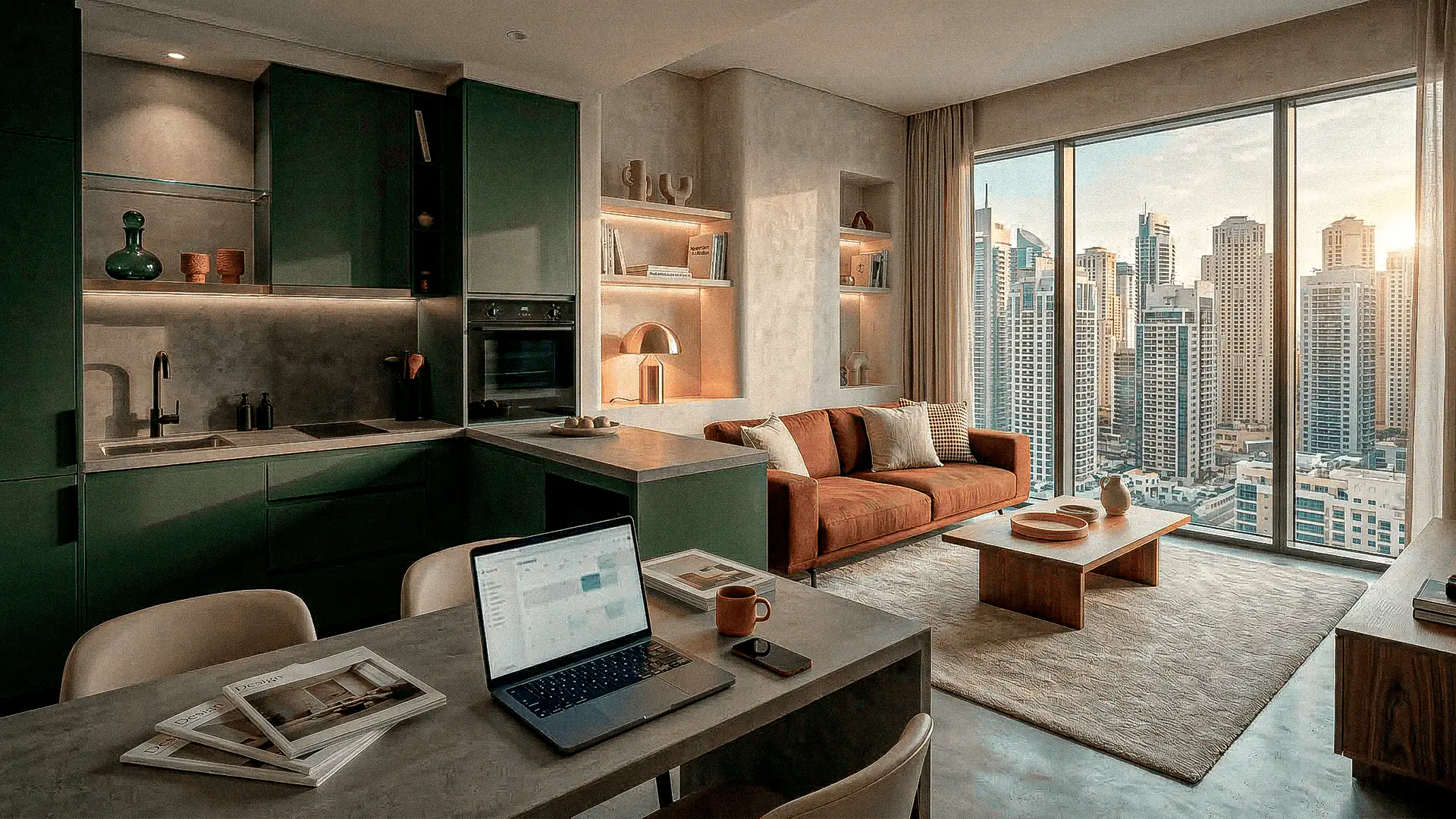 Apartamento contemporáneo en zona urbana con diseño moderno, espacio abierto y vistas a la ciudad.