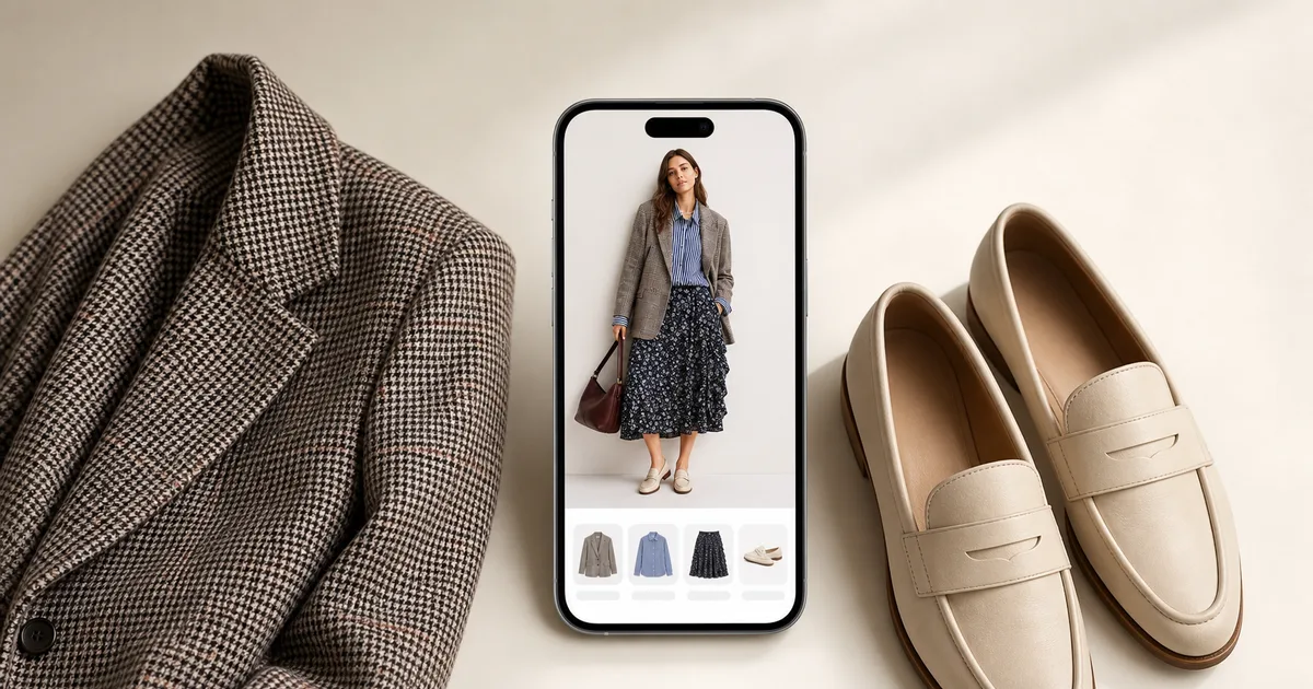 Hero garment beside a phone showing a matching outfit for how to use an outfit planner on a warm ivory background