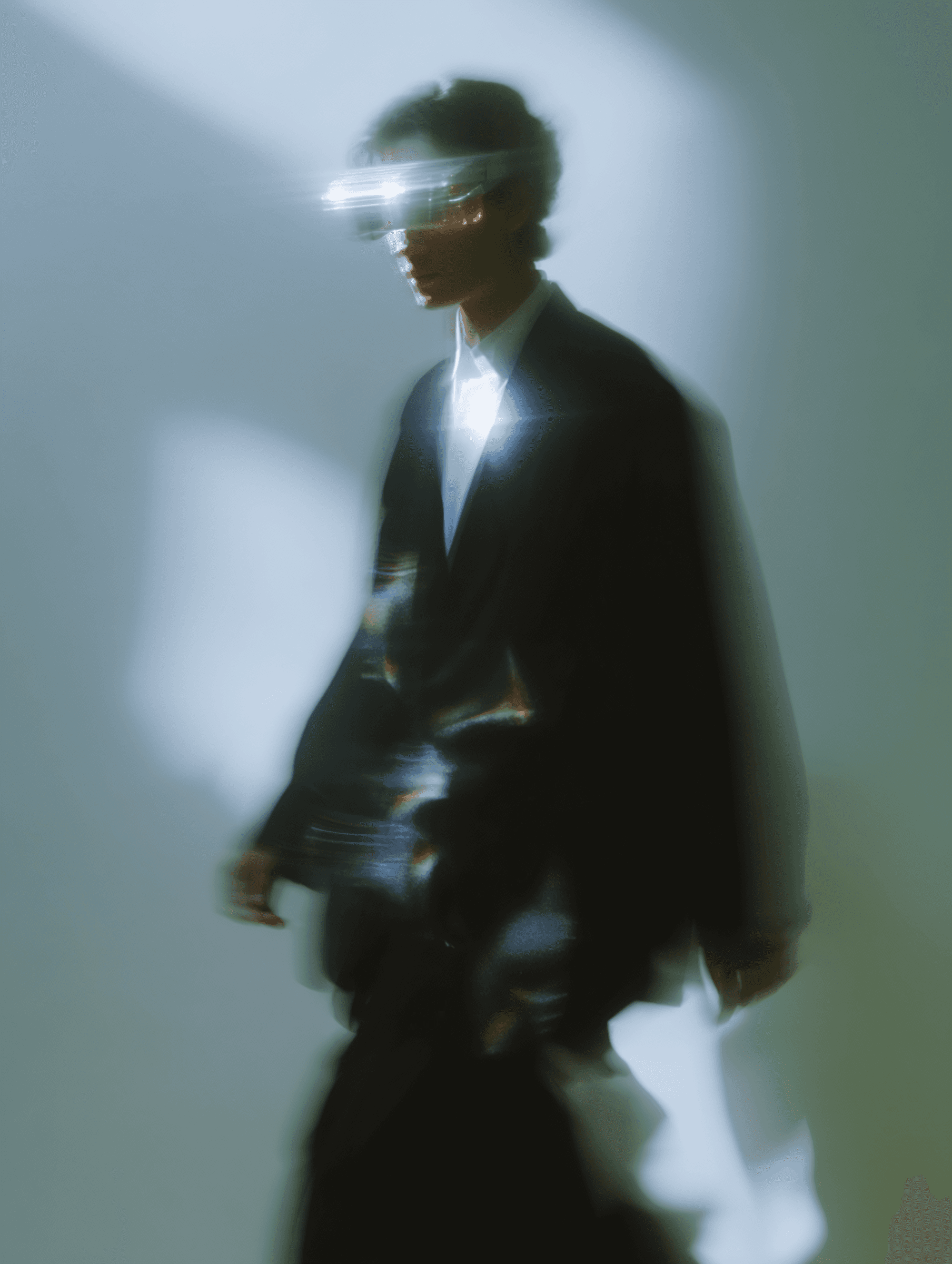 Person in dark oversized blazer with futuristic LED visor, motion blur and prismatic light effects on grey background