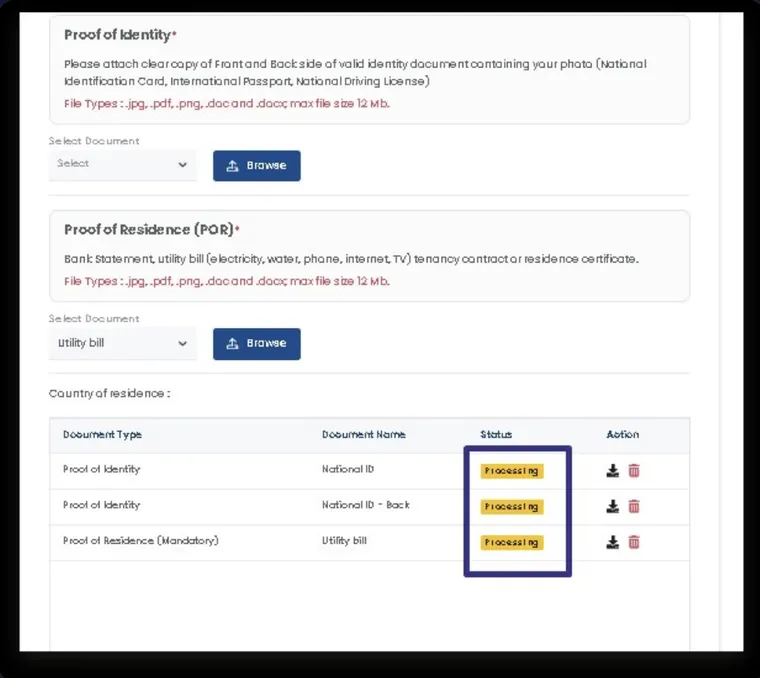 All documents showing Processing status