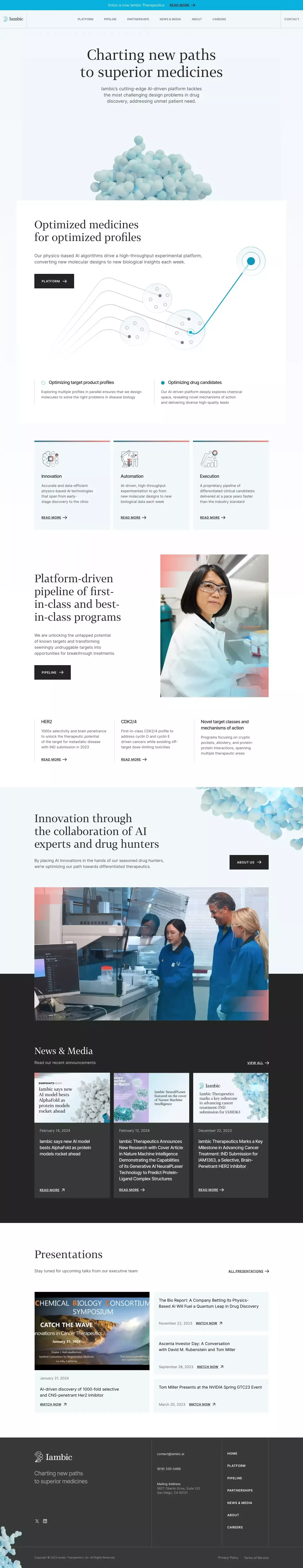 Iambic Therapeutics landing page screenshot showcasing Medical and AI design