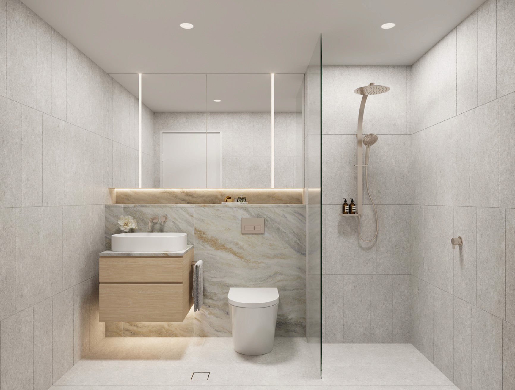 Contemporary luxury bathroom interior at Concord Central featuring premium stone finishes, modern fixtures and minimalist design.