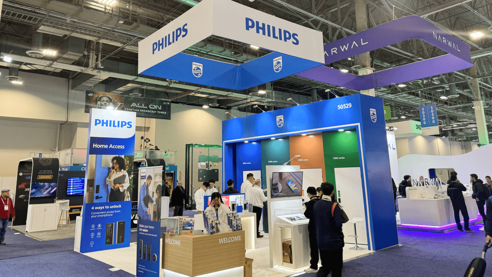 20x20 trade show booth layout with product demo counter, screen, open visitor flow, and compact meeting space
