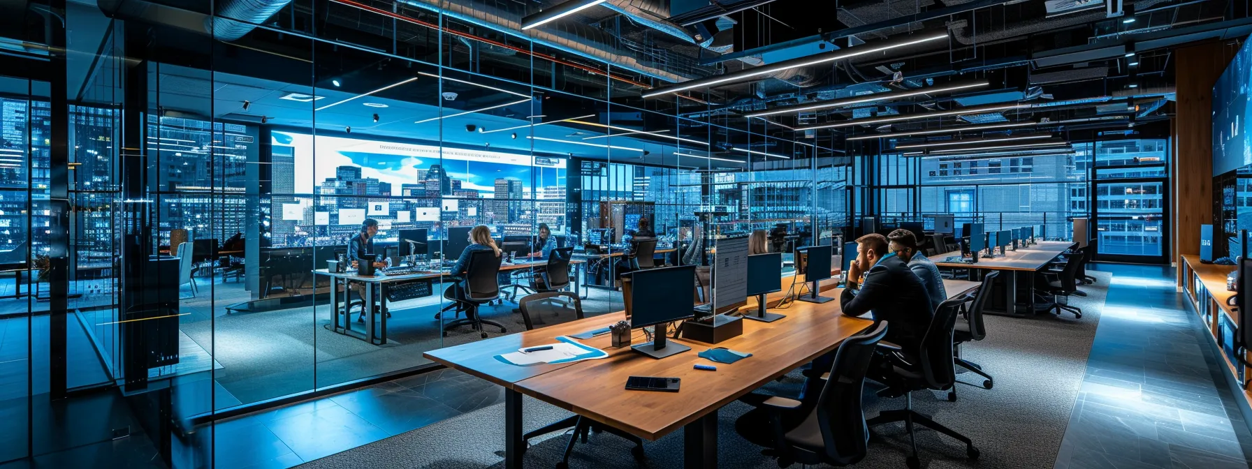 a dynamic, modern office space filled with sleek desks, vibrant technology displays, and focused professionals collaborating around a large conference table, illuminated by bright artificial lighting.