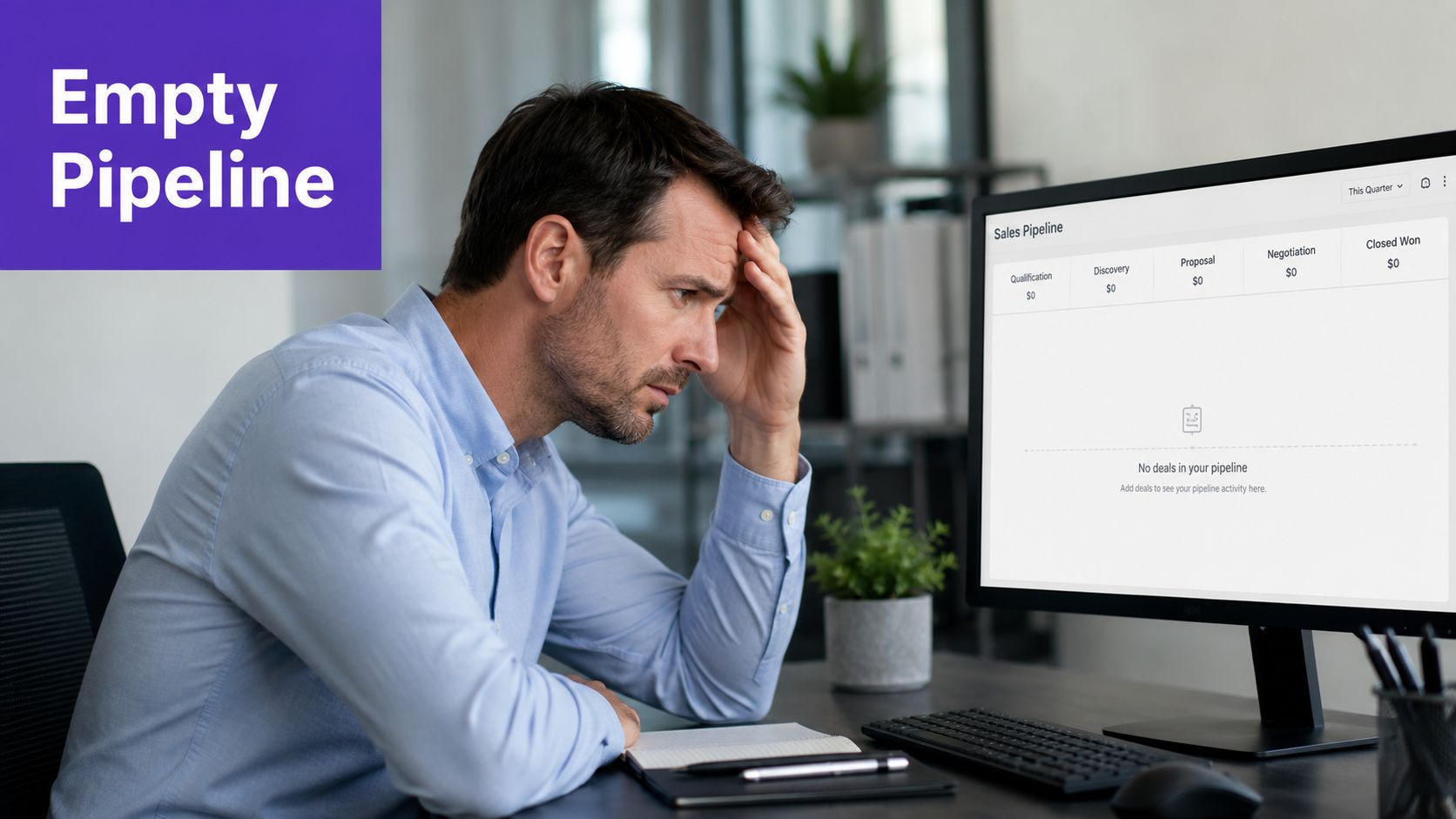 A man looking stressed at a computer screen displaying an empty sales pipeline dashboard in an office.