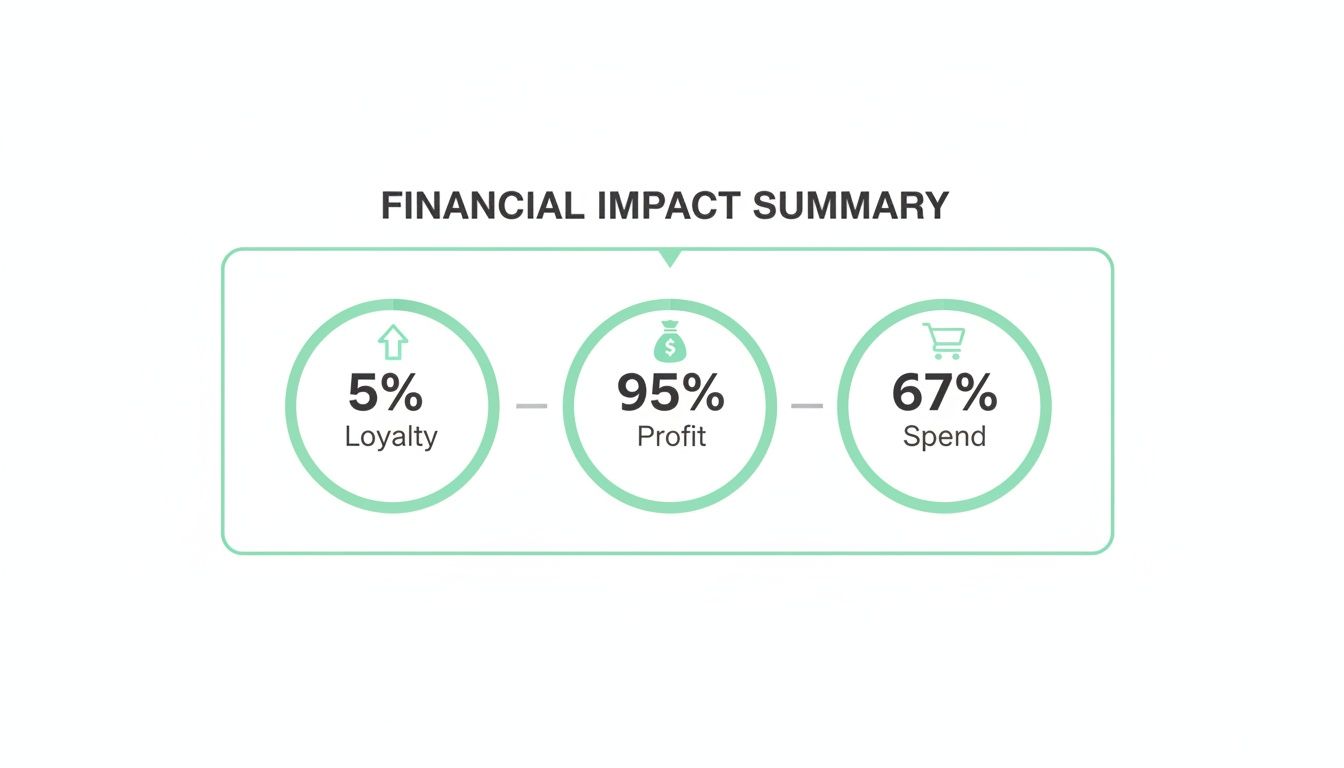 A financial impact summary showing 5% Loyalty increase, 95% Profit, and 67% Spend.