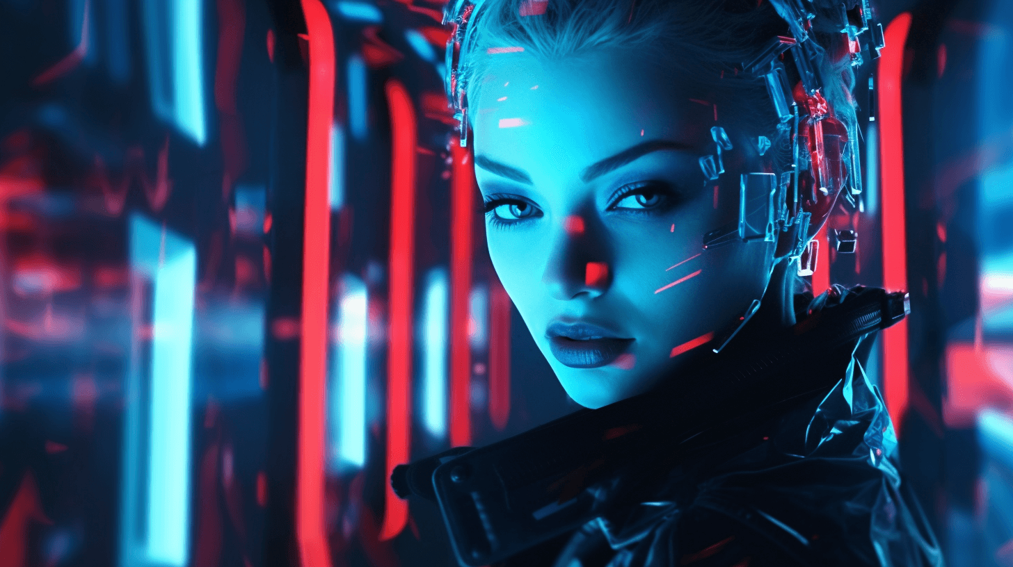 A futuristic woman with mechanical elements merges into a bright digital environment.