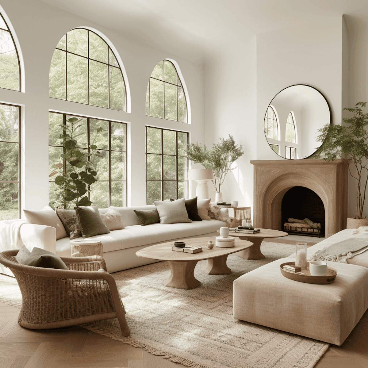 Organic modern living room with stone fireplace, oval wood tables, and arched garden windows