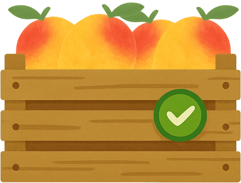 Holzkiste mit Mangos und einem Qualitäts und Prüfungssiegel