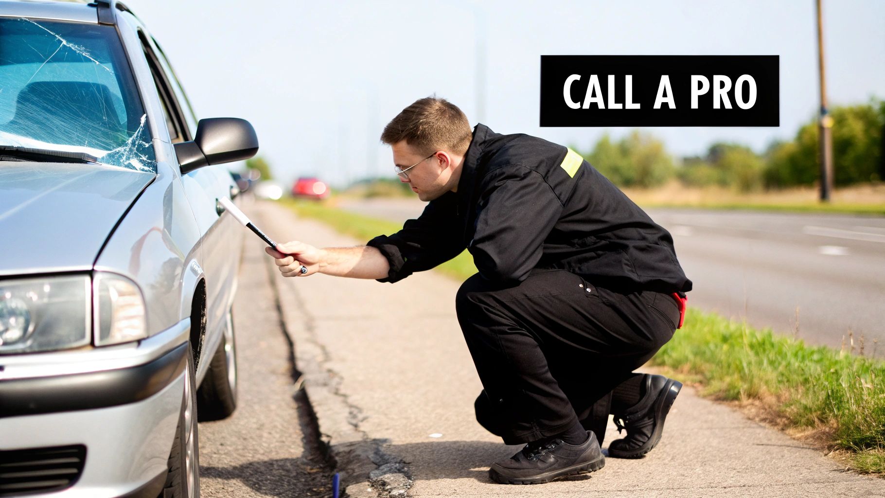 A professional inspects a silver car with a cracked windshield on the roadside, promoting expert repair.