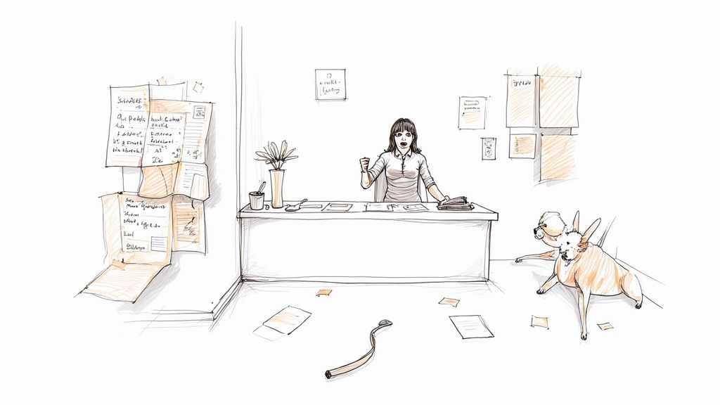 Veterinarian and team looking at a tablet in a modern clinic.