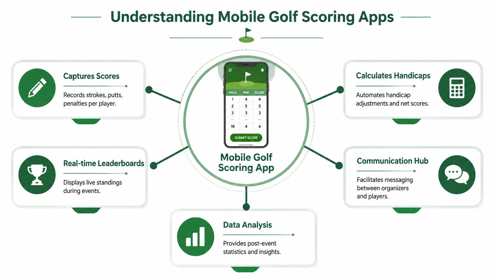 A diagram illustrating the key features and benefits of using a mobile golf scoring application.