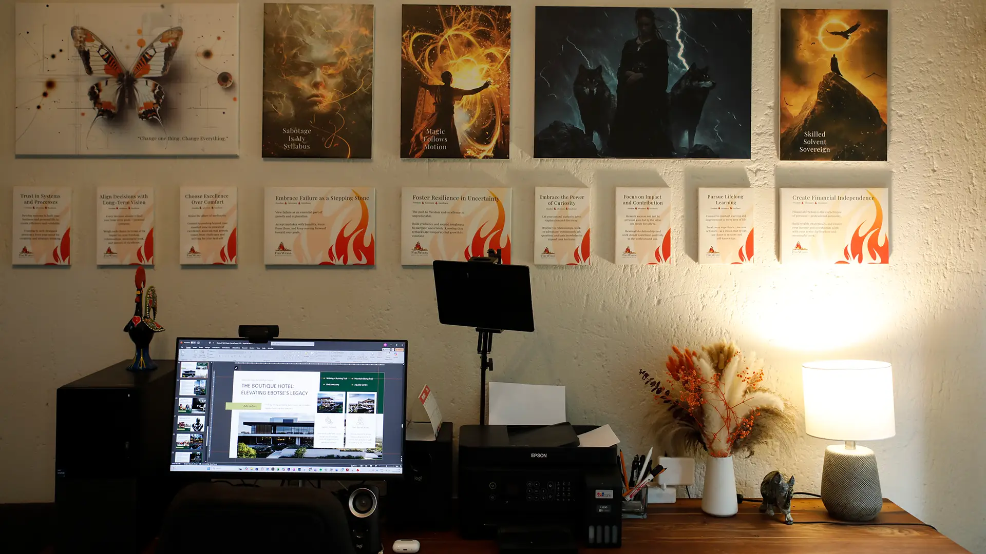  Collaborative work session overhead view of six people collaborating at a rustic wooden table with coffee, papers, and a laptop