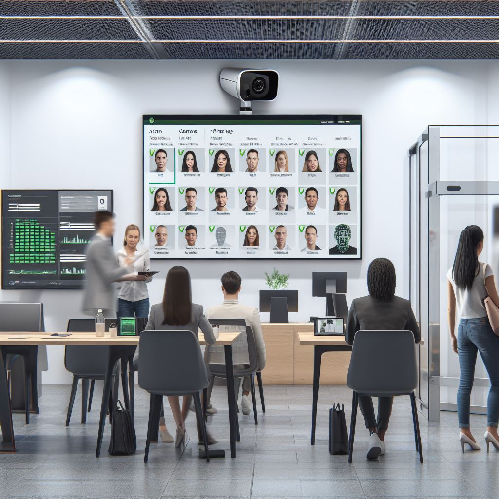 attendance system in action, emphasizing both the tech side (facial recognition, dashboard) and the end user's perspective (attendance viewing frontend on the laptop.