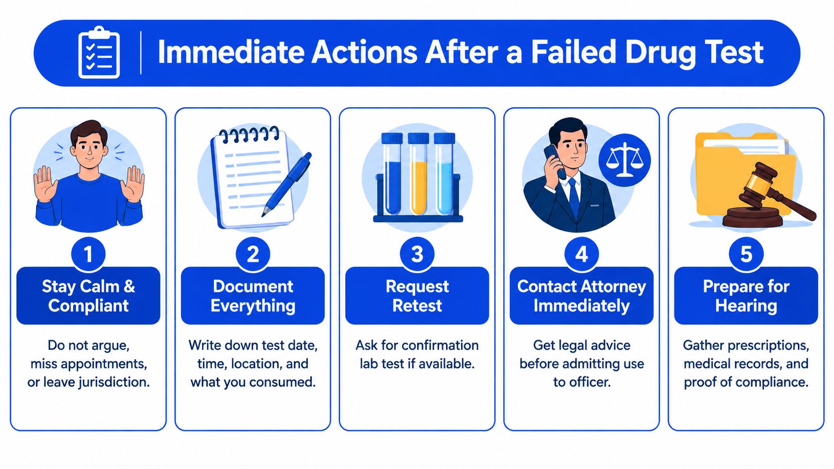 An infographic titled Immediate Actions After a Failed Drug Test showing five essential steps for legal compliance.