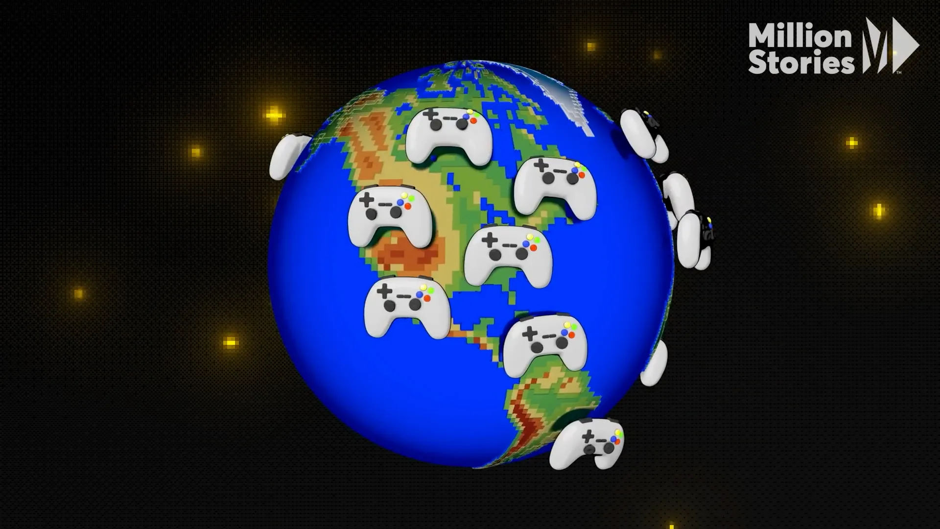 Stylized globe covered with game controllers representing global gaming culture