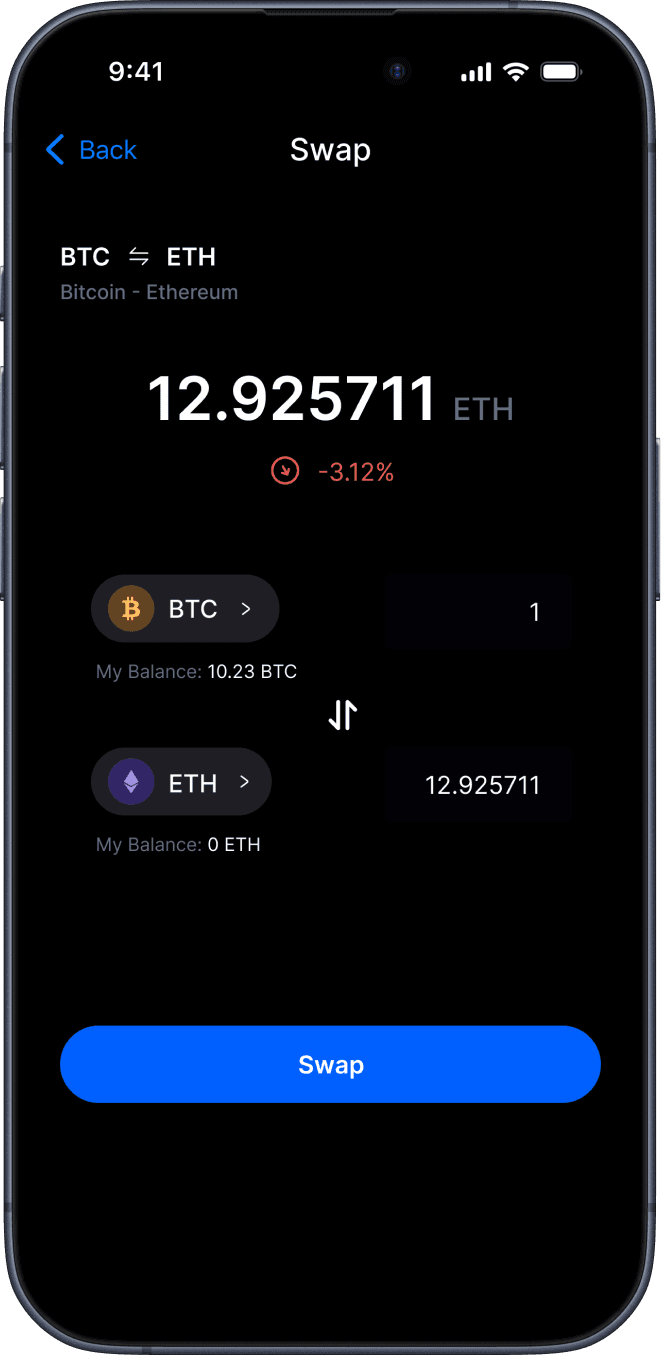 Image of a swap transaction on a crypto app