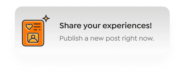 Badge icon with text inviting users to share experiences and post now