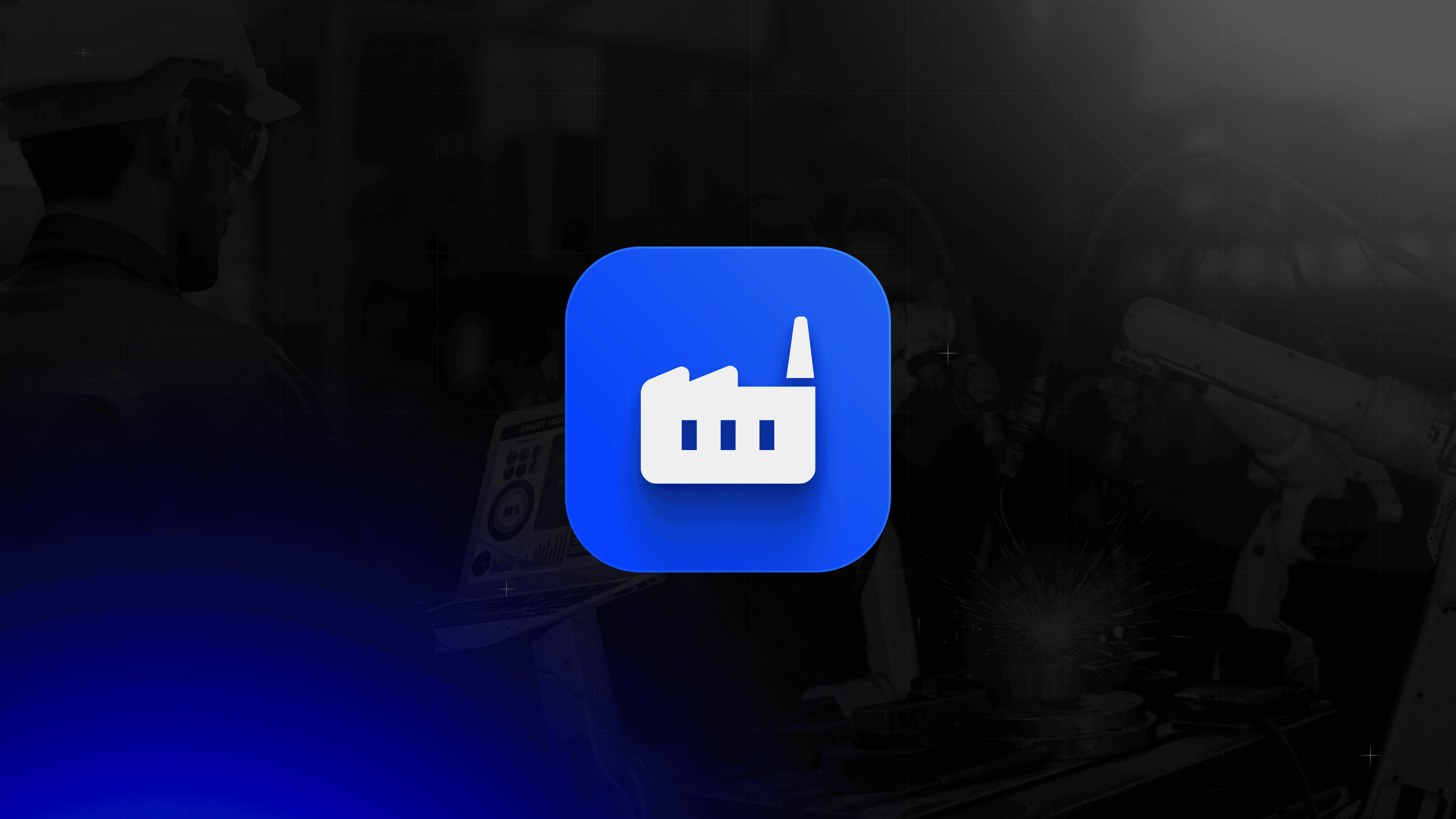 Ingenieur überwacht mit Laptop den Einsatz von Industrierobotern beim Schweißen in einer modernen Fabrikhalle.