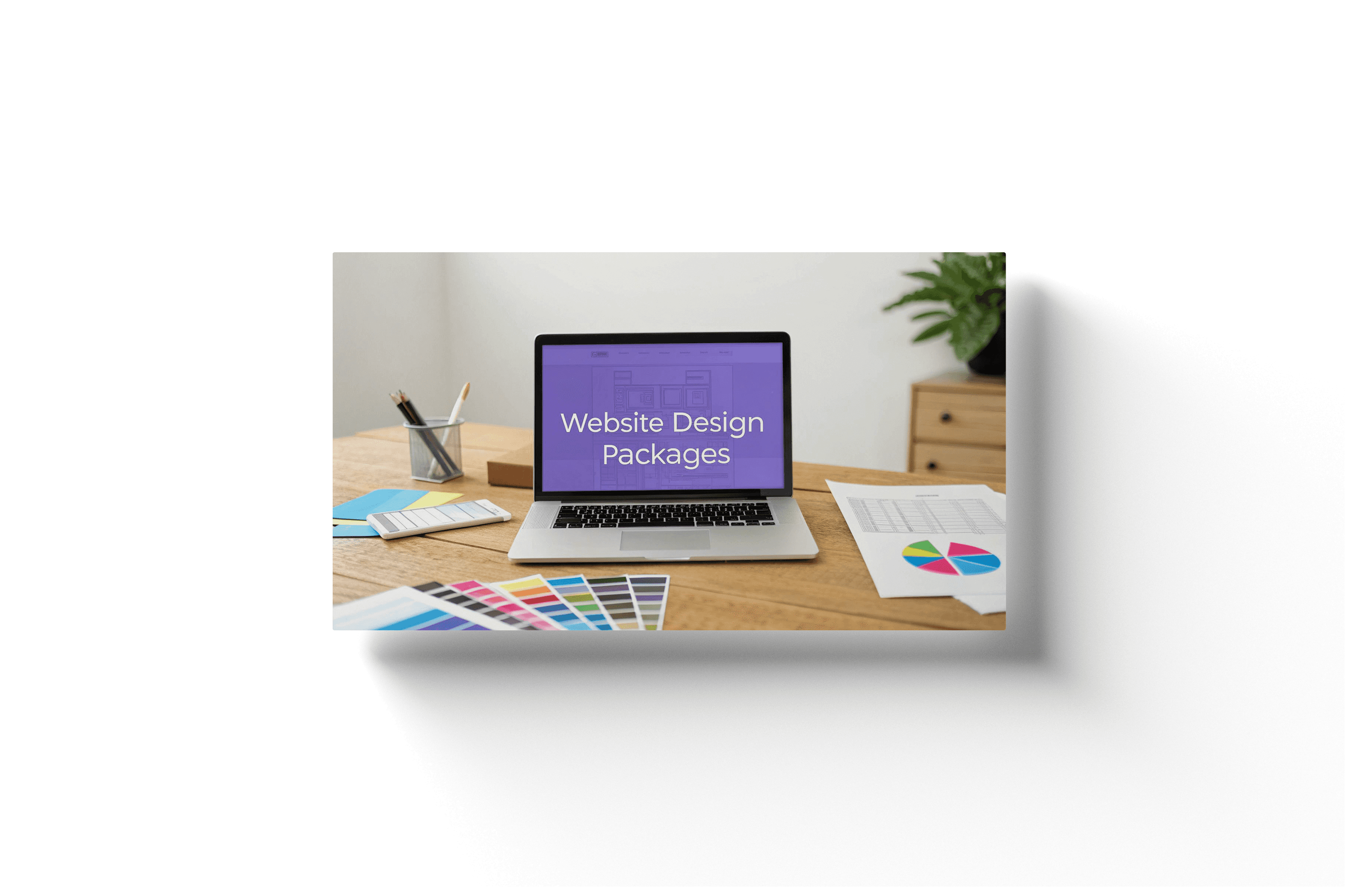 a laptop on a wooden desk with a purple screen background and the text 'web design packages'