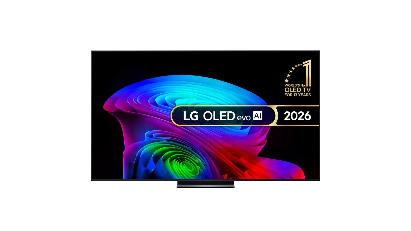 A sleek LG OLED evo AI 2026 TV displaying a vibrant, abstract swirl of multi-coloured hues on its screen, with a badge on the top right highlighting its accolade as the world's number one OLED TV for 10 years.