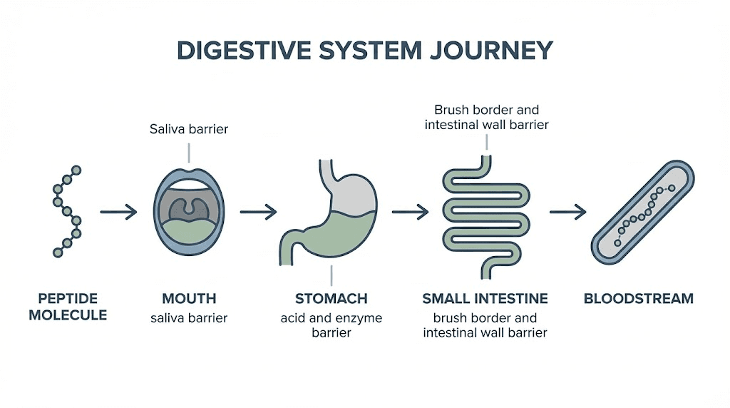 Peptide digestion and absorption pathway through the gastrointestinal tract