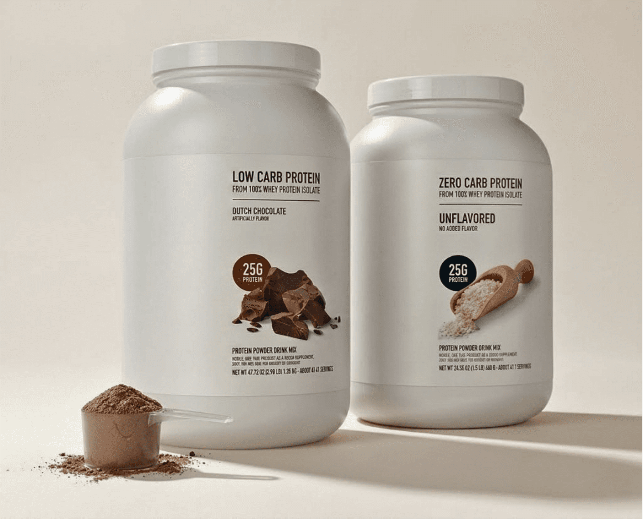 Two white containers of protein powder are on display. The left one is "Low Carb Protein" in Dutch Chocolate flavor; the right is "Zero Carb Protein," unflavored. A scoop of chocolate powder is beside them.