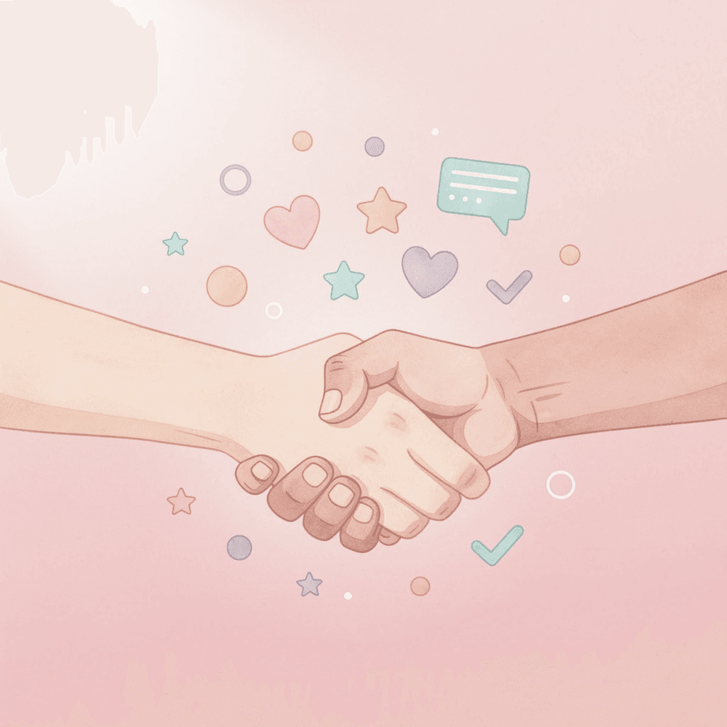 Handshake scene with floating cultural symbols representing Arabic hospitality traditions