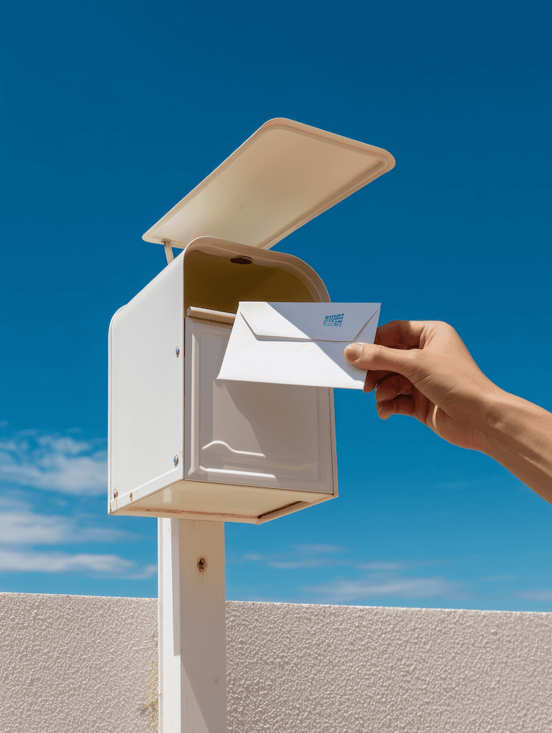 A hand placing a letter into a mailbox, representing physical direct mail marketing.