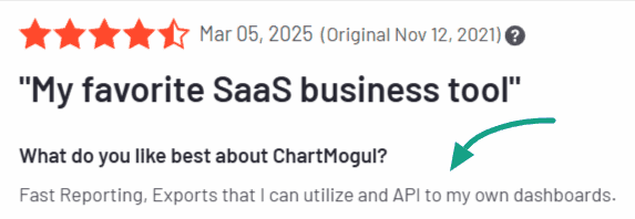 User review highlighting reporting and API capabilities in ChartMogul analytics
