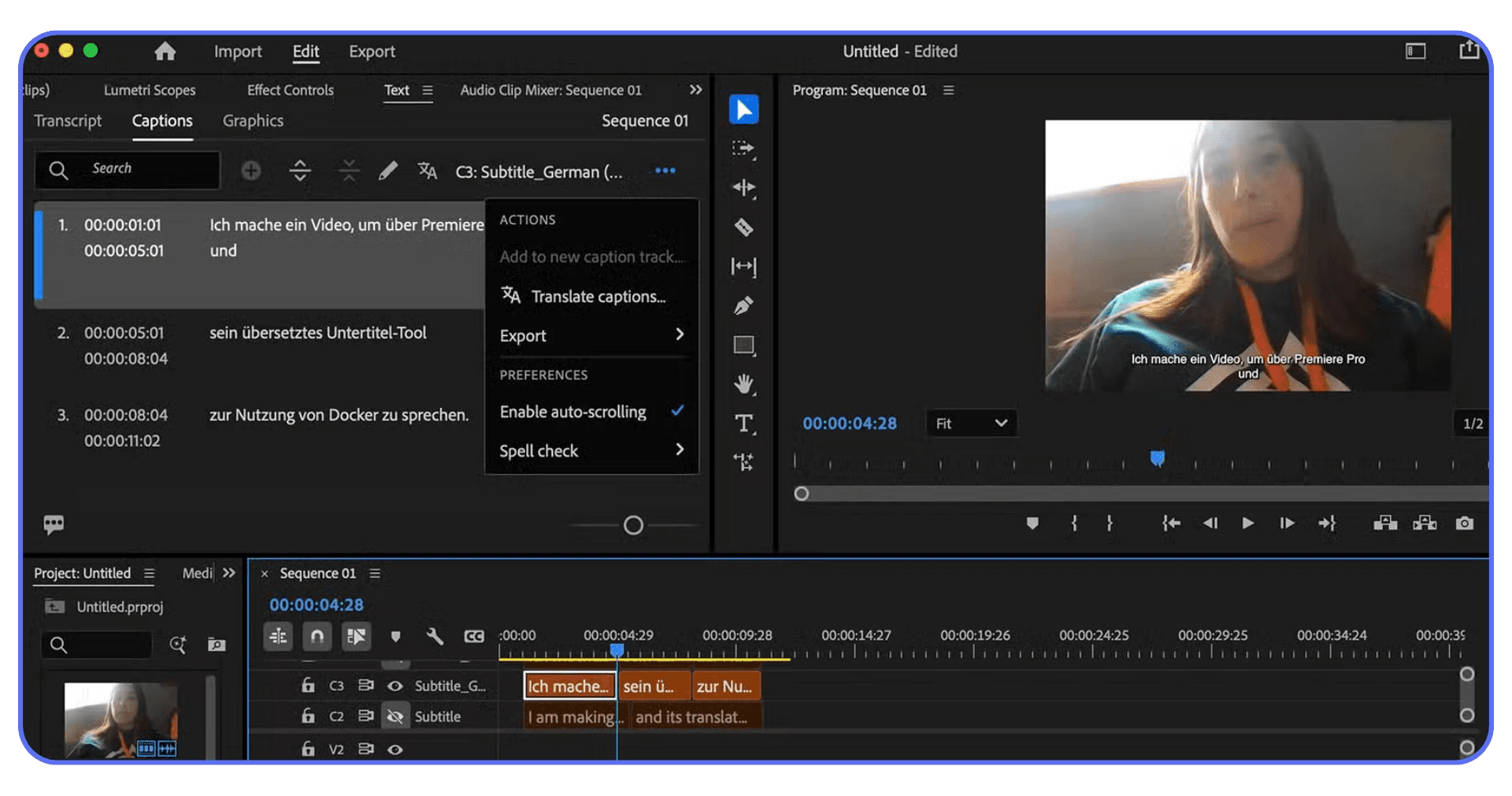Automatic captions and translation workflow in Adobe Premiere Pro with transcript panel open