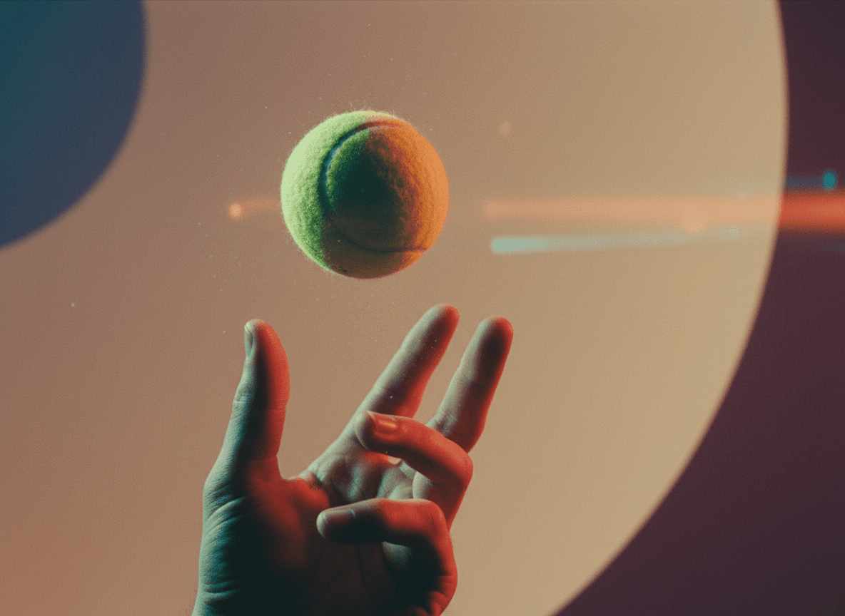 Hand throws tennis ball in th air. 