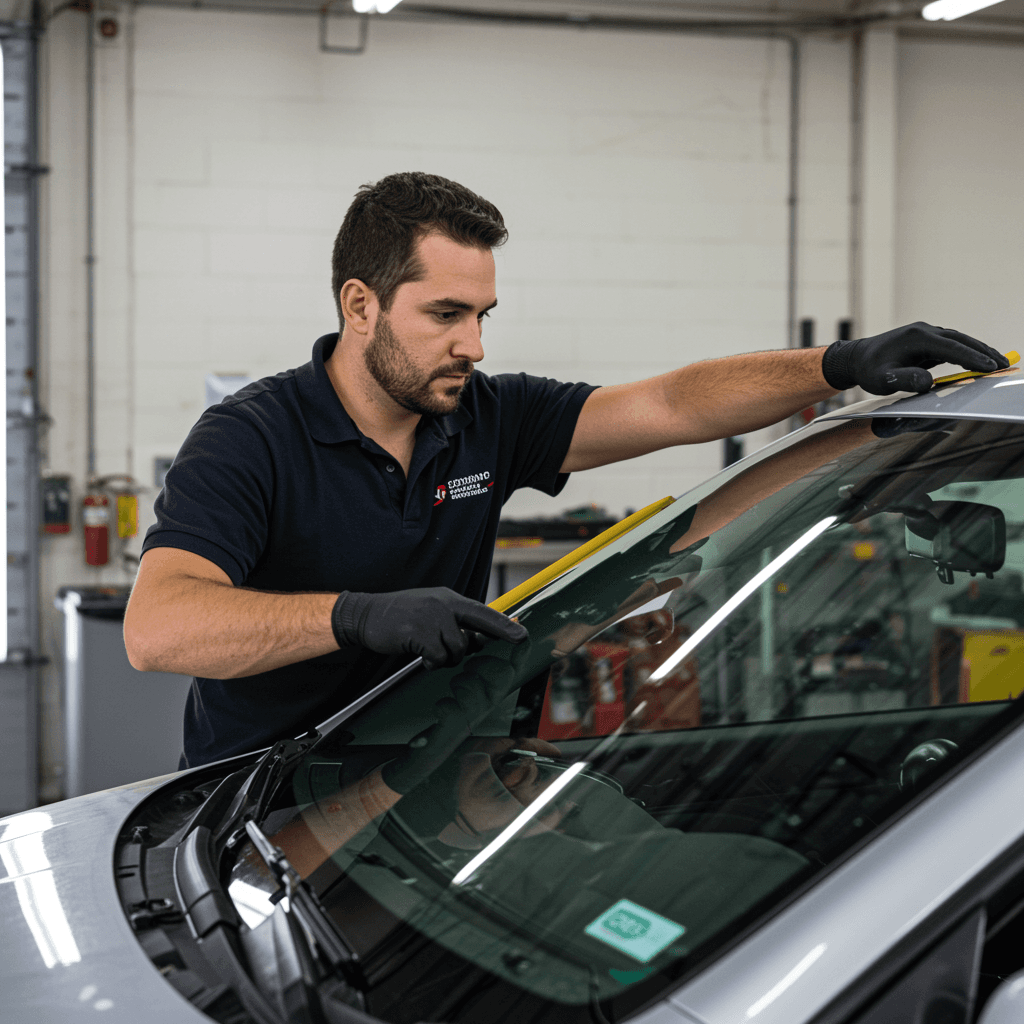 Technician installing a new windshield on a car in Tarpon Springs, Florida