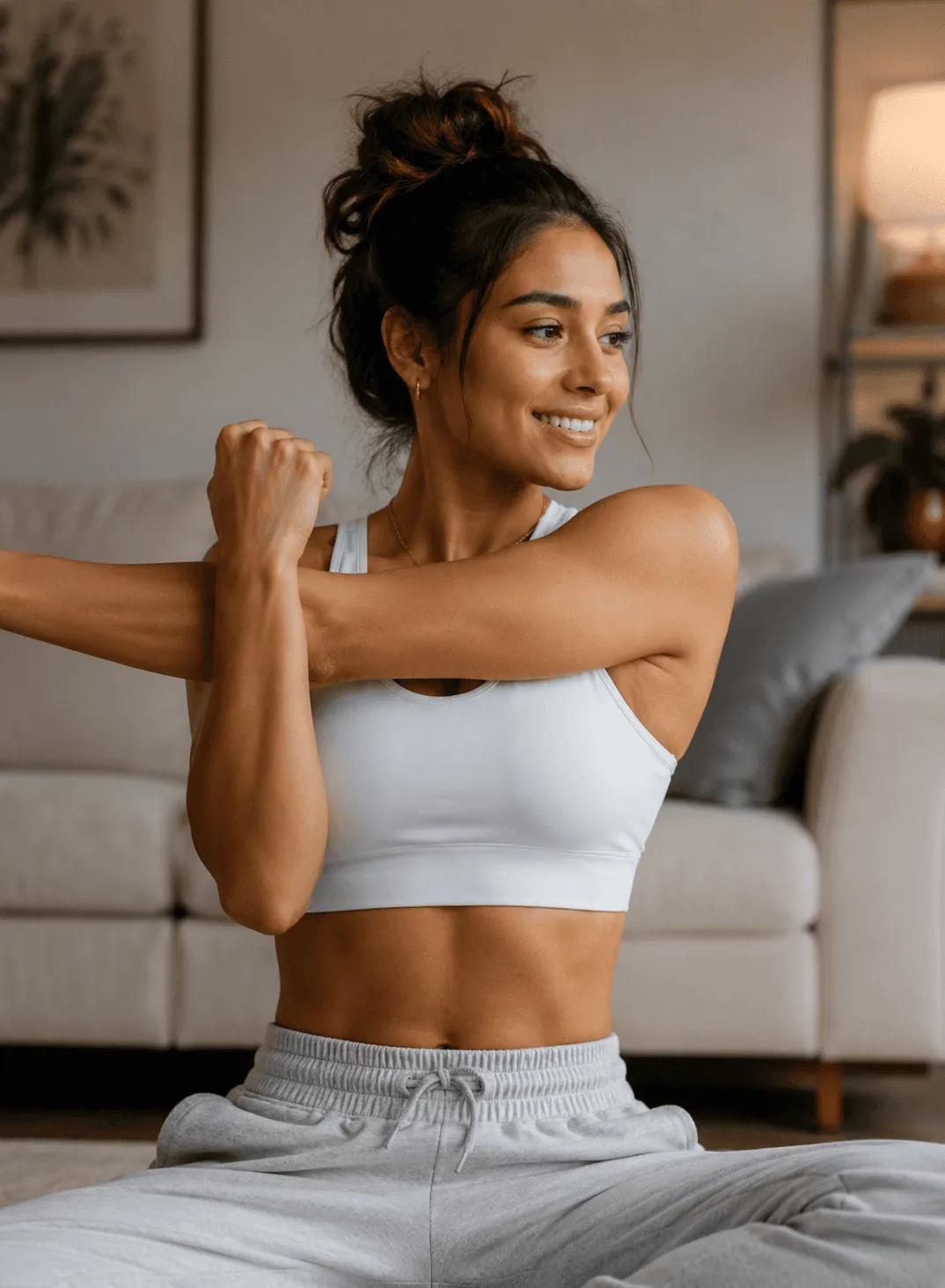 Woman stretching at home before a workout