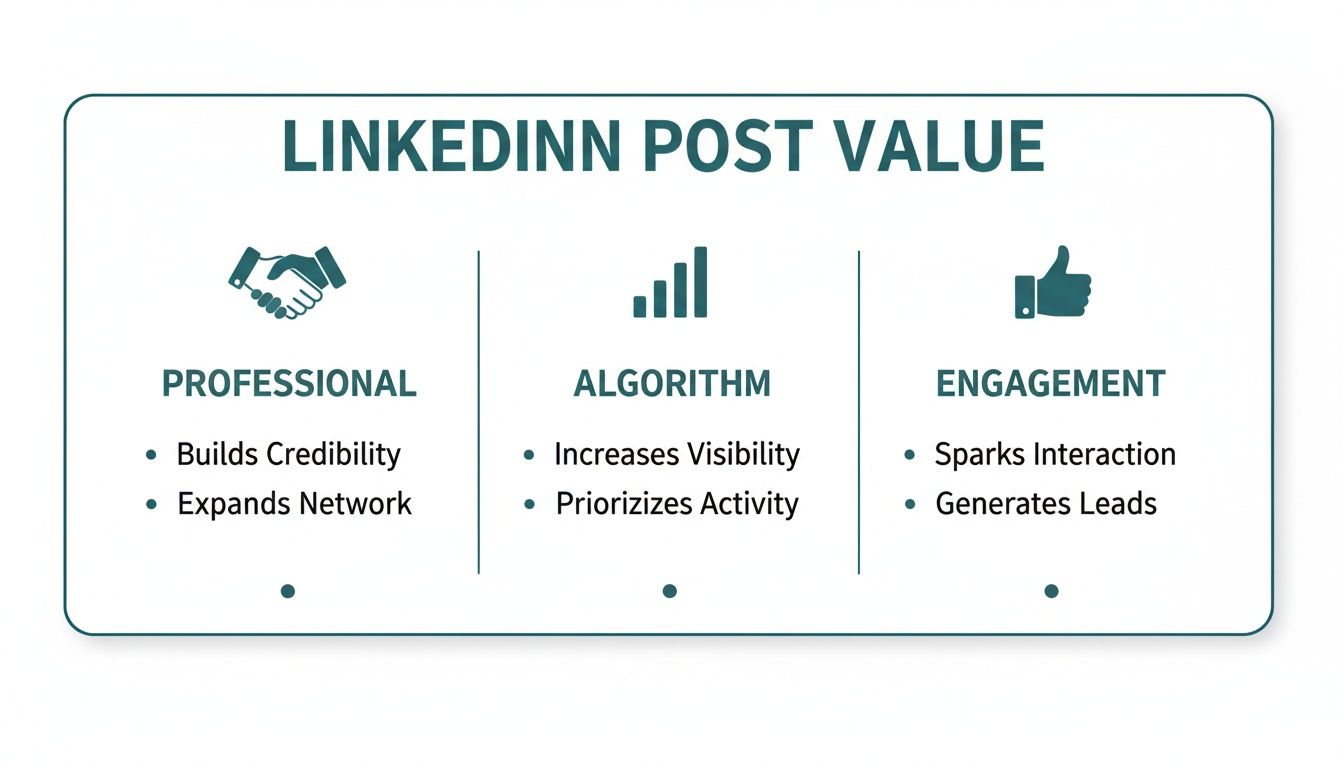 Infographic outlining the value of LinkedIn posts, detailing professional, algorithm, and engagement benefits.
