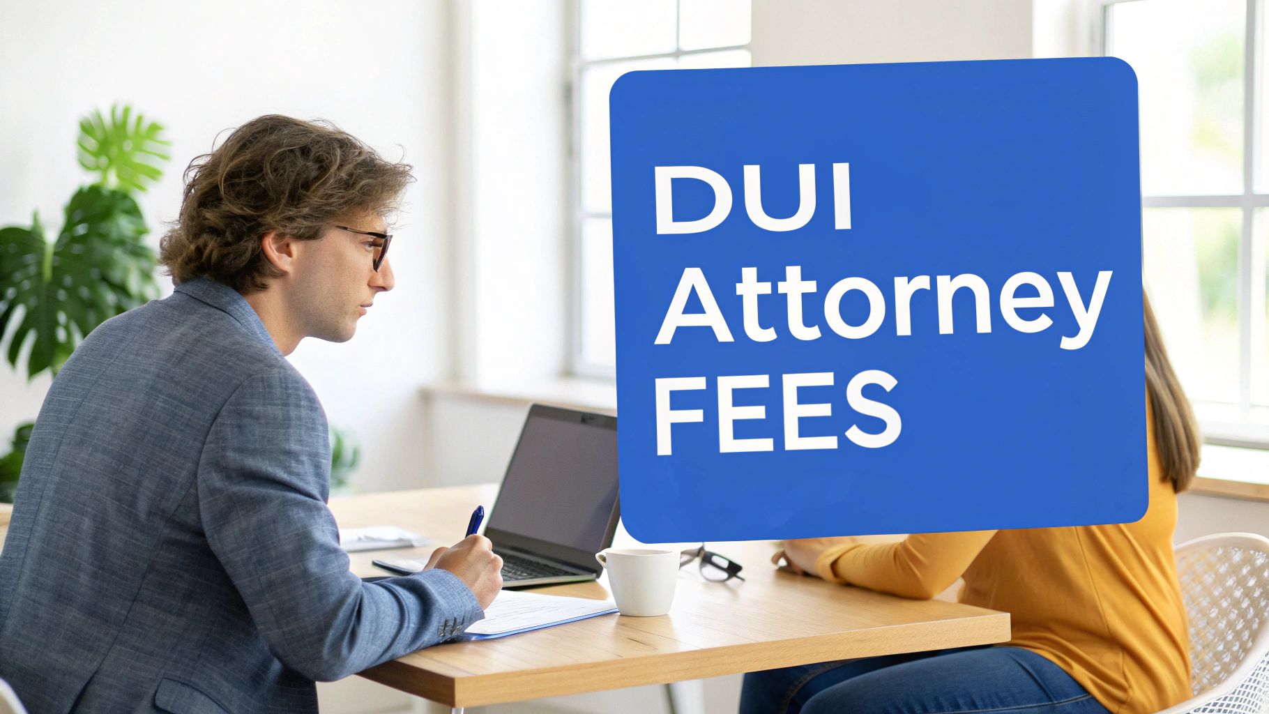 A man and woman at a desk with a laptop and documents, overlaid with 'DUI Attorney FEES'.