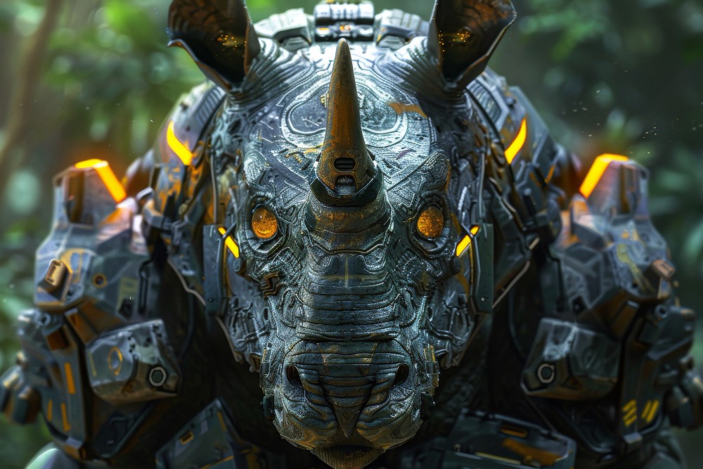 A mechanical rhinoceros with glowing orange eyes and armor in a jungle setting
