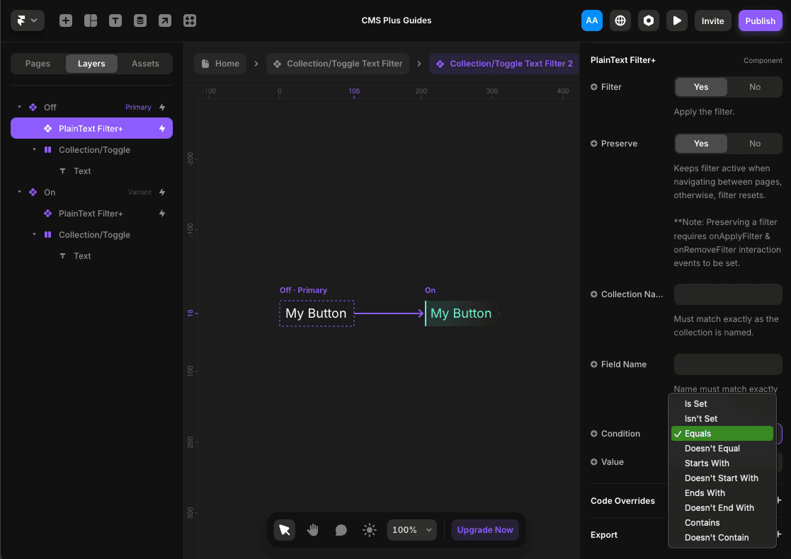 Adding a CMS Plus filter to an existing button component.