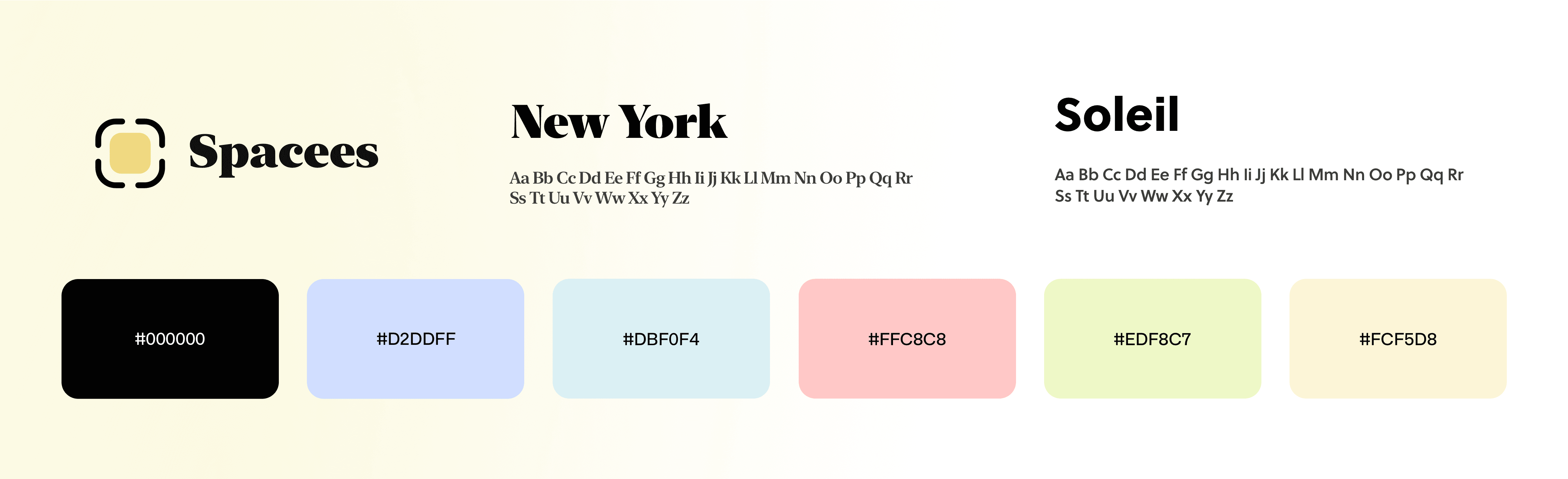 Éléments qui composent l’identité graphique de l’application Spacees comme la palette de couleurs et les typographies.
