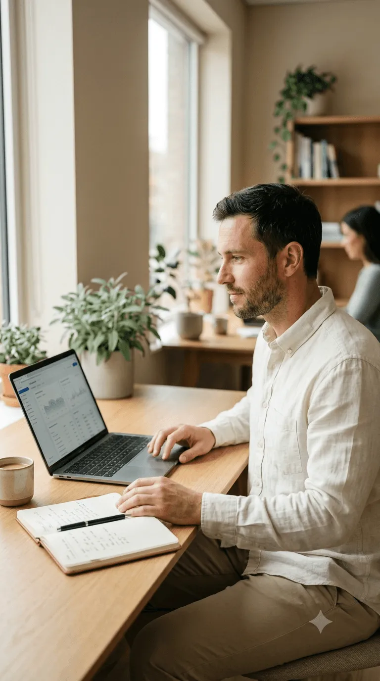 Person working on a laptop at an office desk.