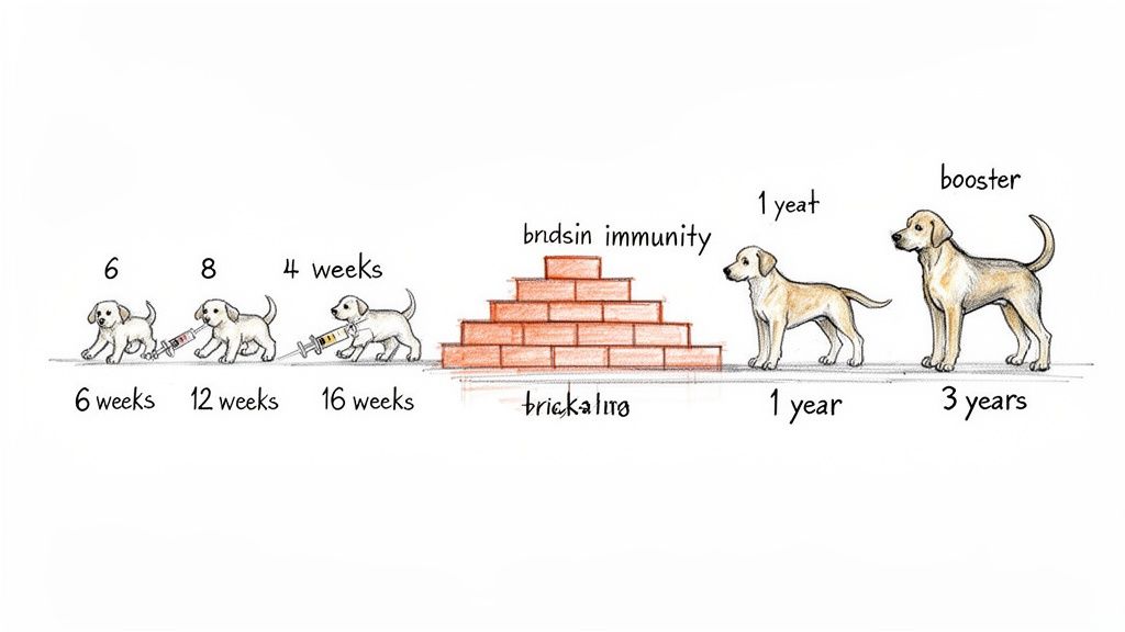 Illustration showing puppy vaccination schedule at 6, 12, 16 weeks, immunity development, and booster shots at 1 and 3 years.