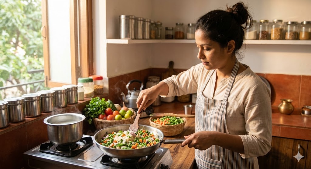 A side profile photograph of an Indian woman in a striped apron cooking healthy vegetable upma or poha in a stainless steel wok on a gas stove. She is stirring a colorful mixture of grains, green peas, carrots, and beans. The kitchen is warm with natural morning light streaming from a window, showing shelves with spice jars and baskets of fresh produce.