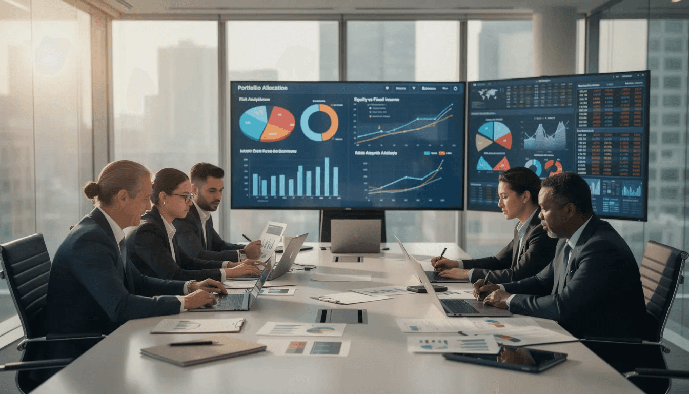 A professional investment team is gathered around a table, analyzing portfolio allocation charts and market data to refine their dynamic allocation strategy. They are focused on making informed decisions about asset classes, including equities and fixed income, to manage risk and adapt to current market conditions.