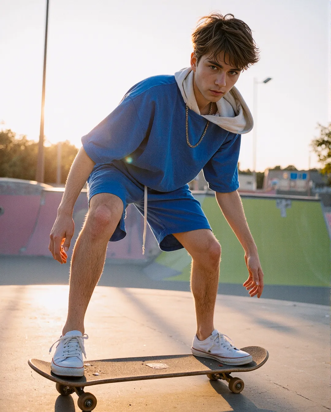 Person in blue athleisure outfit skateboarding at sunset in a skate park, wearing white sneakers and a light-colored hoodie.